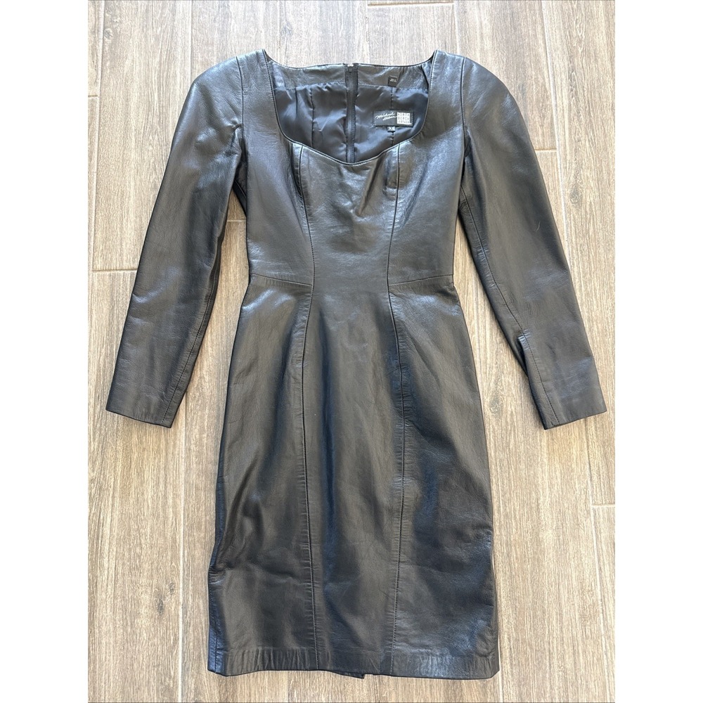 Vintage Michael Hoban North Beach 100% Leather Fitted Dress Black Womens XS